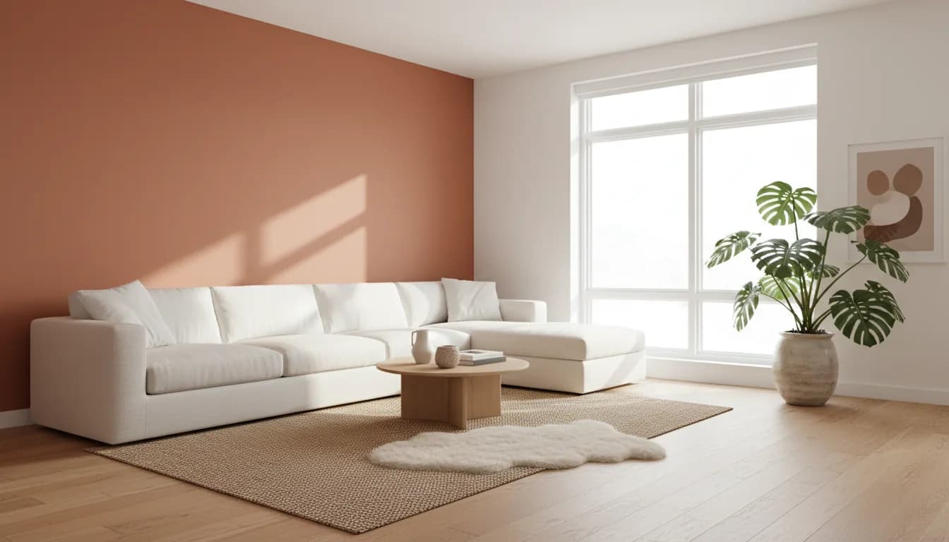 Bright modern living room with a terra cotta accent wall and white sectional sofa designed with the best AI interior design app