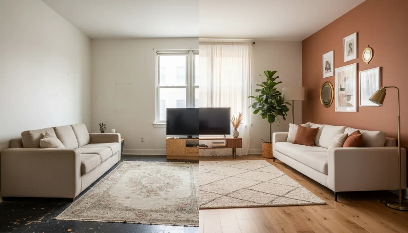 Split comparison image of a plain living room next to the same room redesigned with a terra cotta accent wall by an AI interior design app