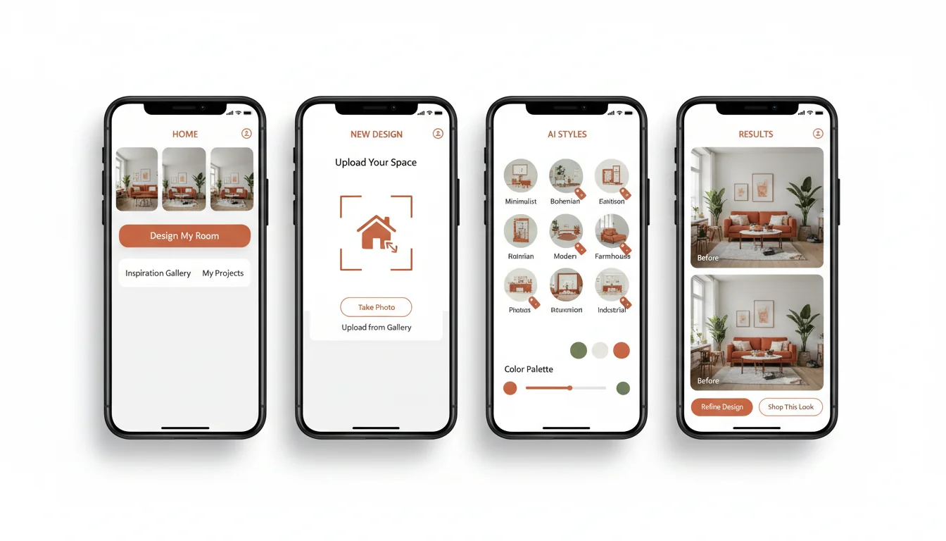 AI interior design app interface - Modern room design with artificial intelligence
